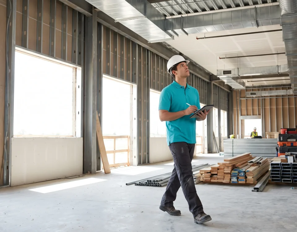 Facility manager conducting a post-construction cleaning walkthrough to estimate cost in a Durham NC building
