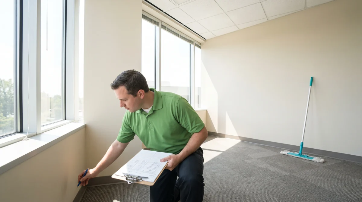Cleaning company representative inspecting carpet during an on-site walkthrough before writing a scope of work