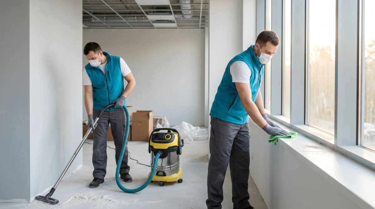 Post-construction cleaning crew removing dust and debris during a commercial cleanup in Durham, NC