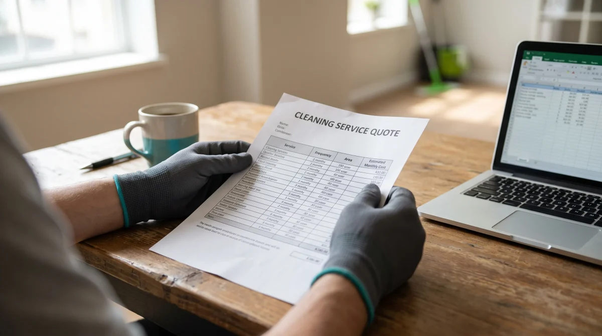 Facility manager reviewing a commercial cleaning service quote and pricing breakdown