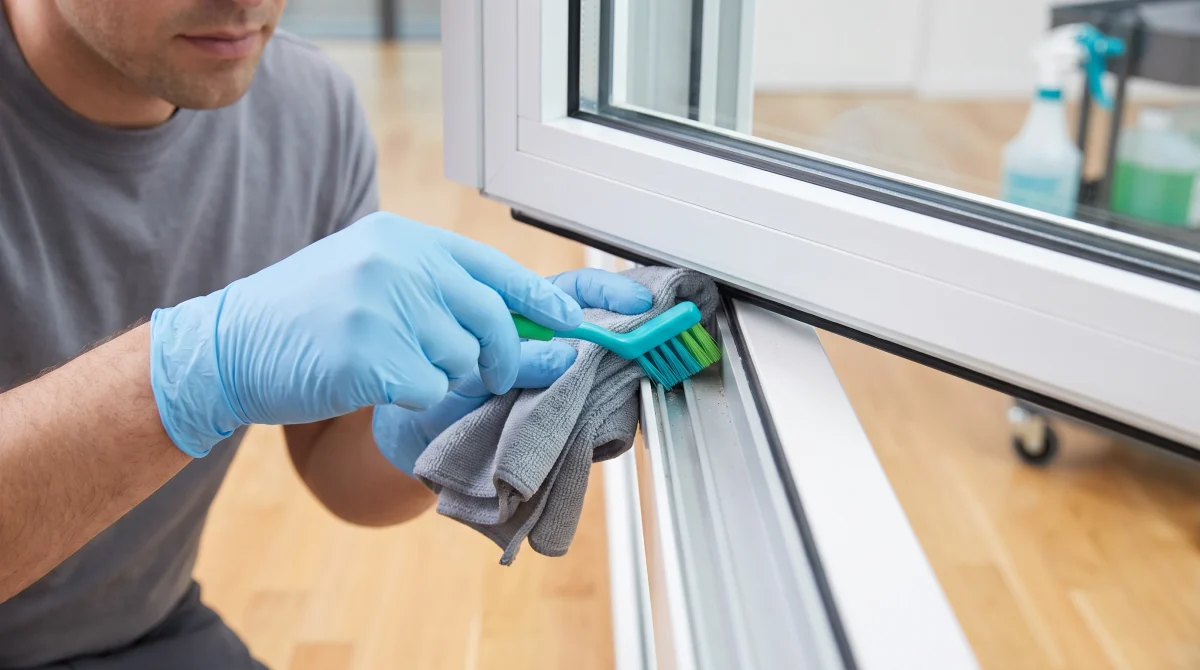 Technician detailing window tracks and trim during a final post-construction clean