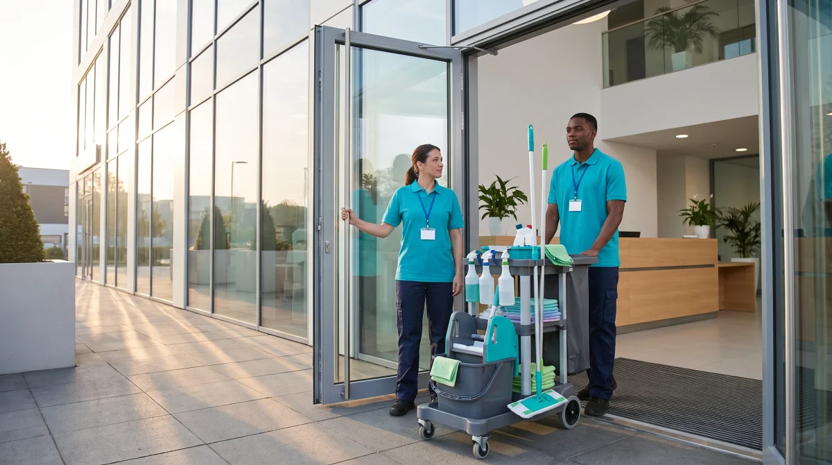 Uniformed, badged cleaning staff entering a commercial building with a cleaning cart