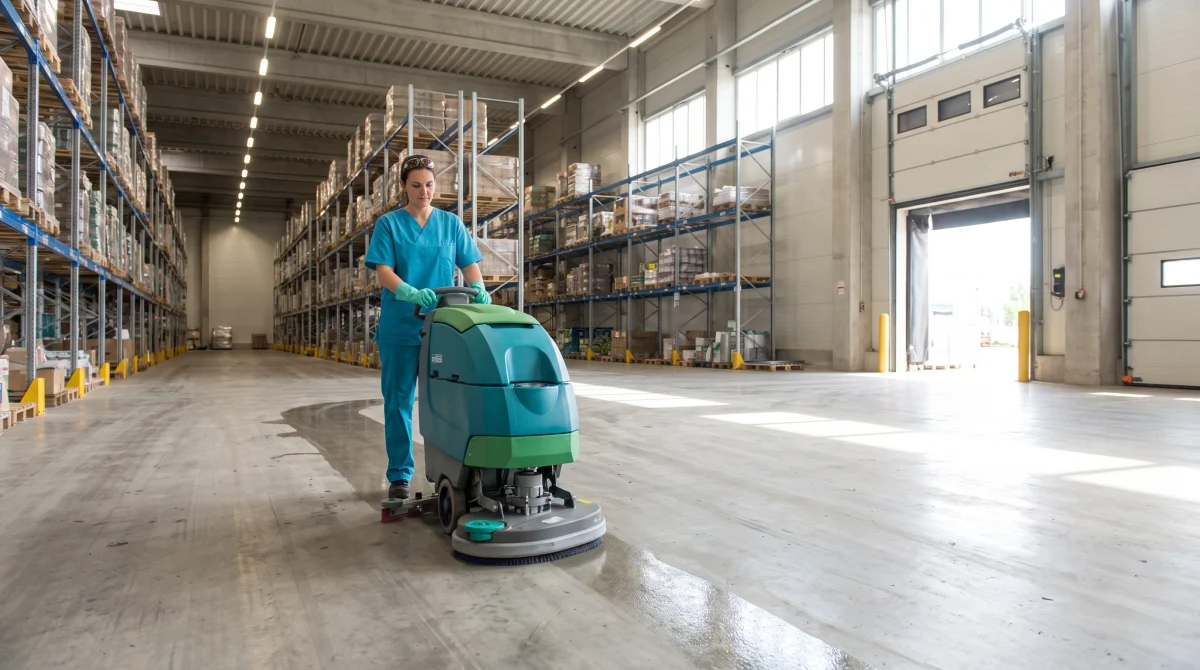 Cleaning technician operating a floor scrubber in a commercial warehouse