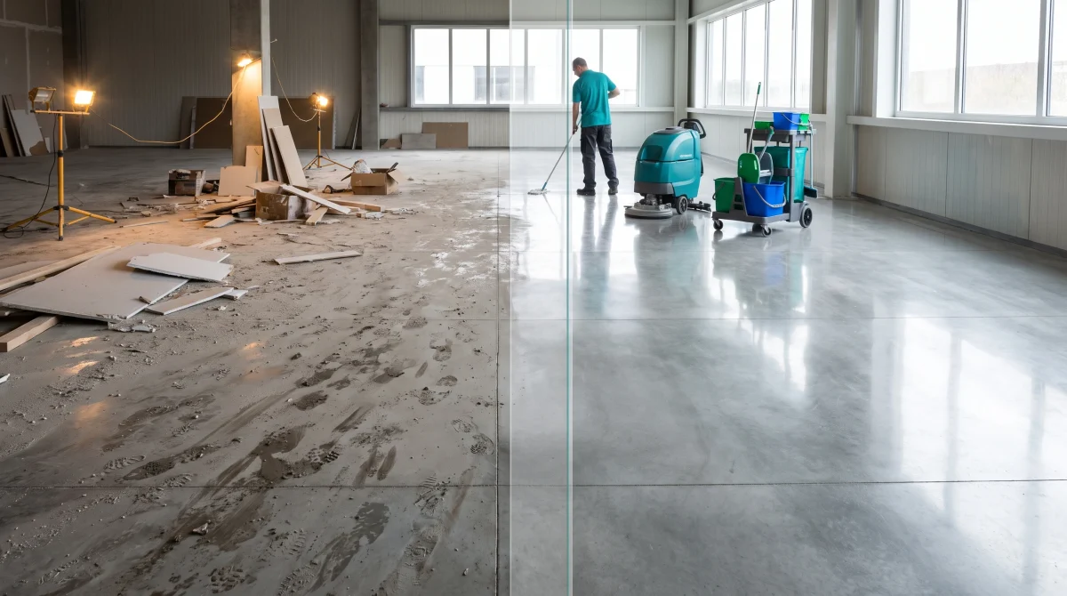 Before and after comparison of a warehouse floor after professional post-construction cleaning